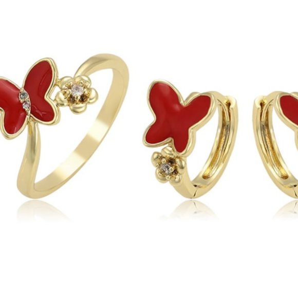 Butterfly Gold Plated color Earring & Ring Set with Black Velvet Pouch - Picture 1 of 7